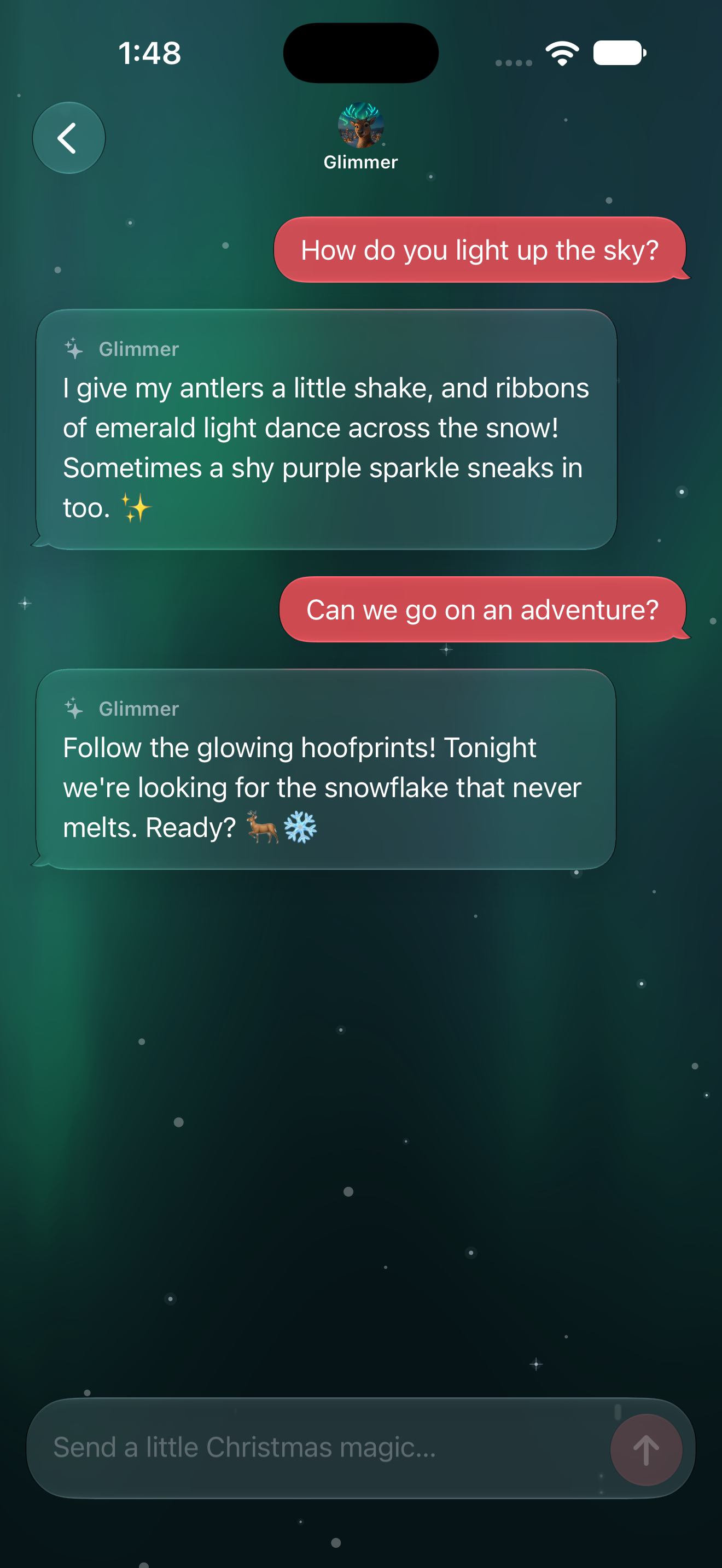 A SantaChat conversation with Glimmer the elf, with festive character artwork and native message bubbles.