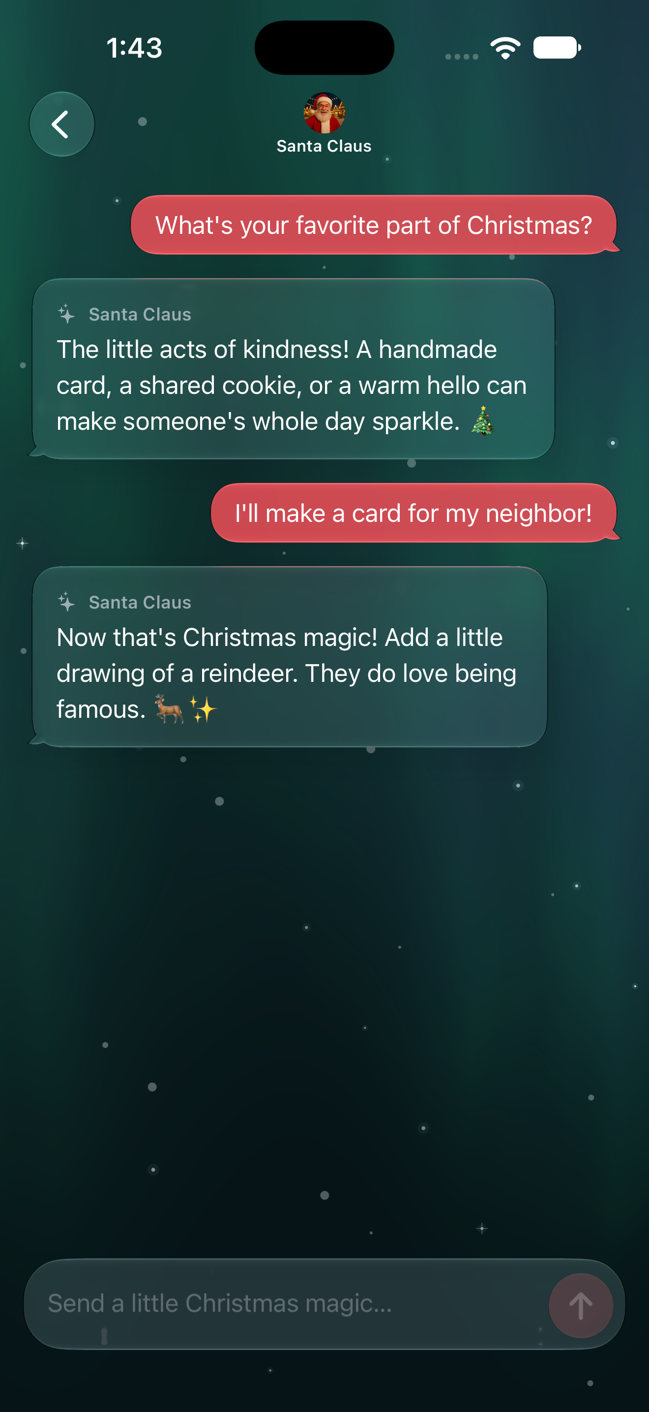 SantaChat conversation with Santa Claus, over an emerald aurora background.